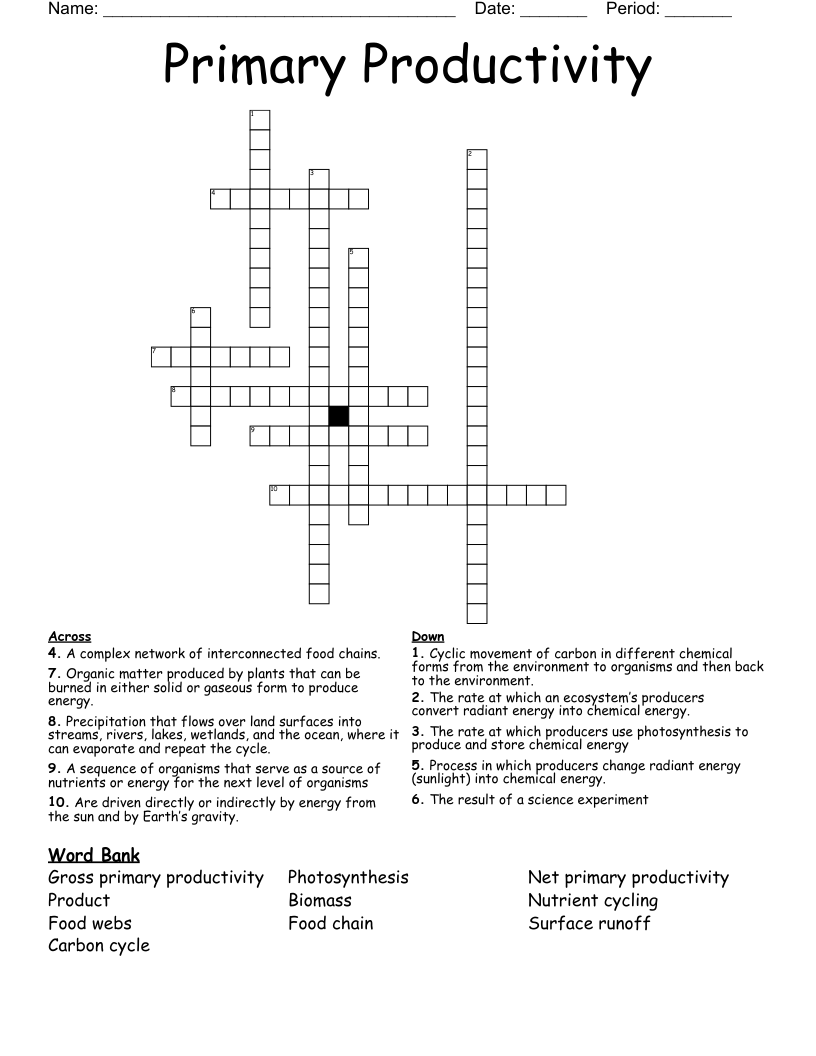 Primary Productivity Crossword