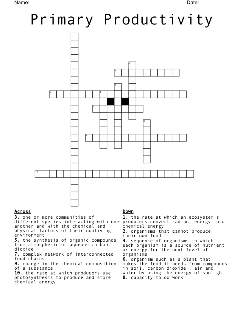 Primary Productivity Crossword