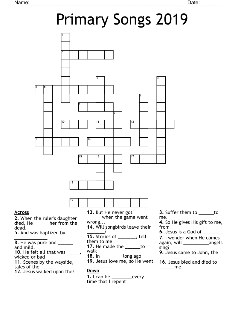 Primary Songs 2019 Crossword