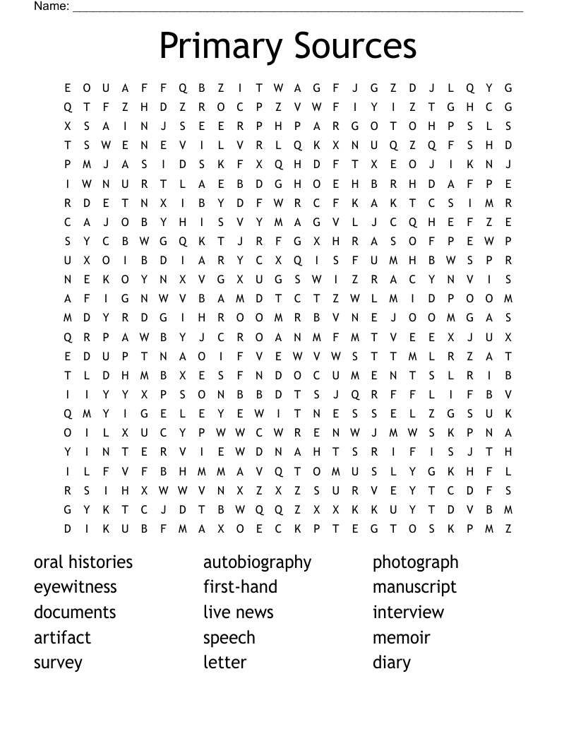 Primary  Sources Word Search