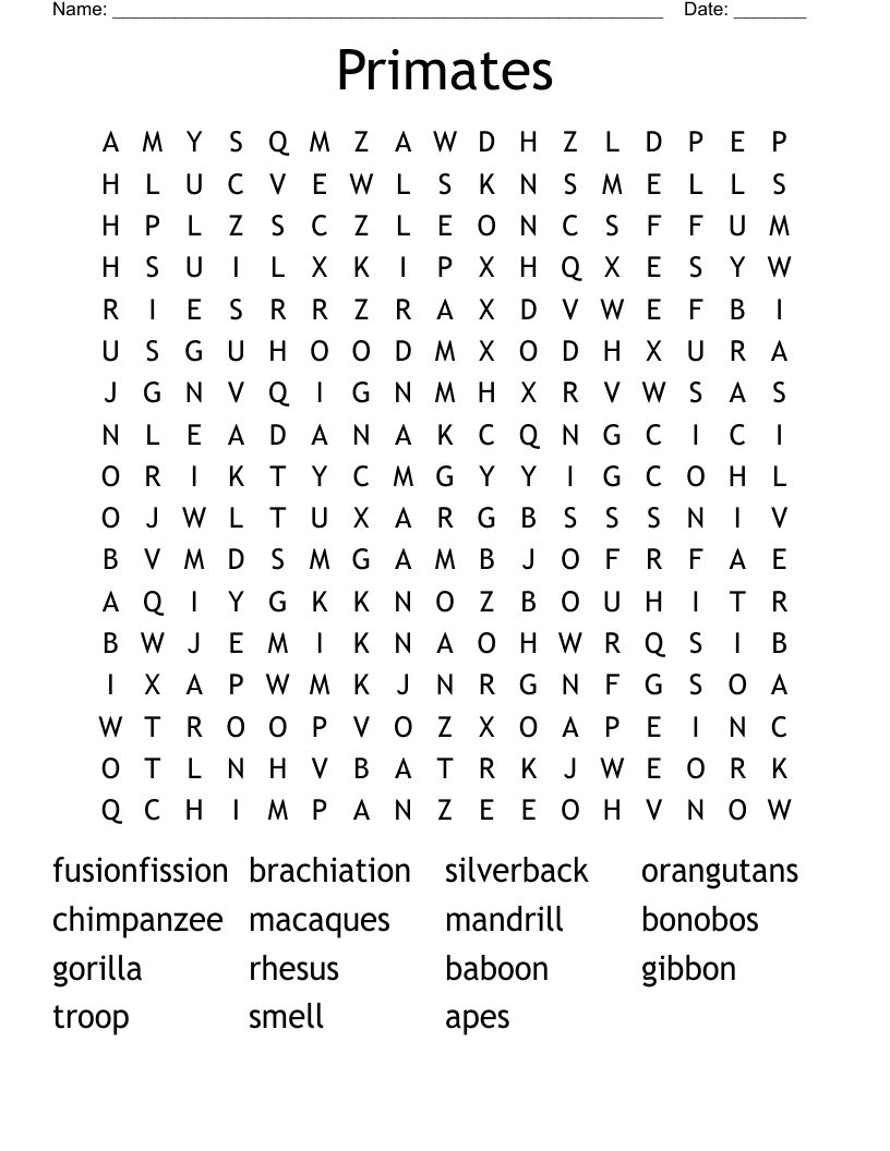 Primates Word Search