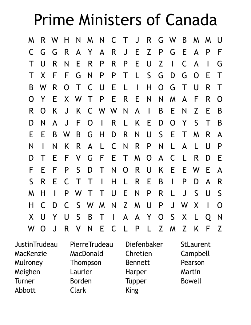 Prime Ministers of Canada Word Search