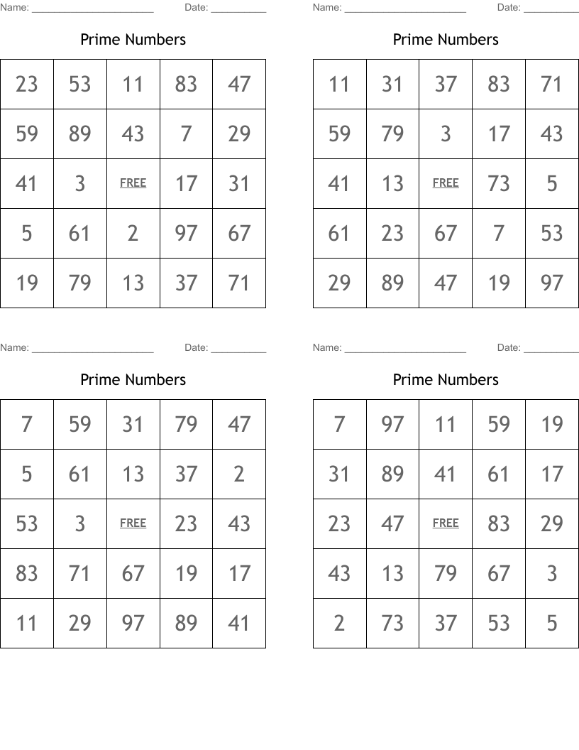 Prime Numbers Bingo Cards