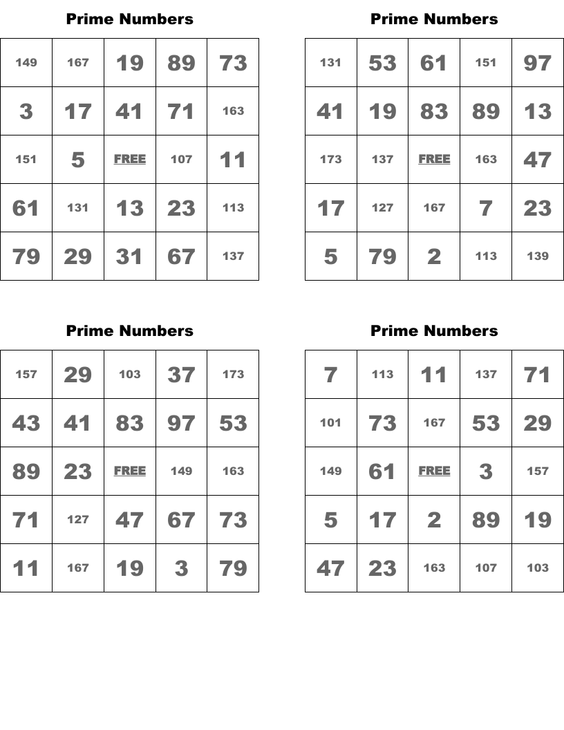 Prime Numbers Bingo Cards