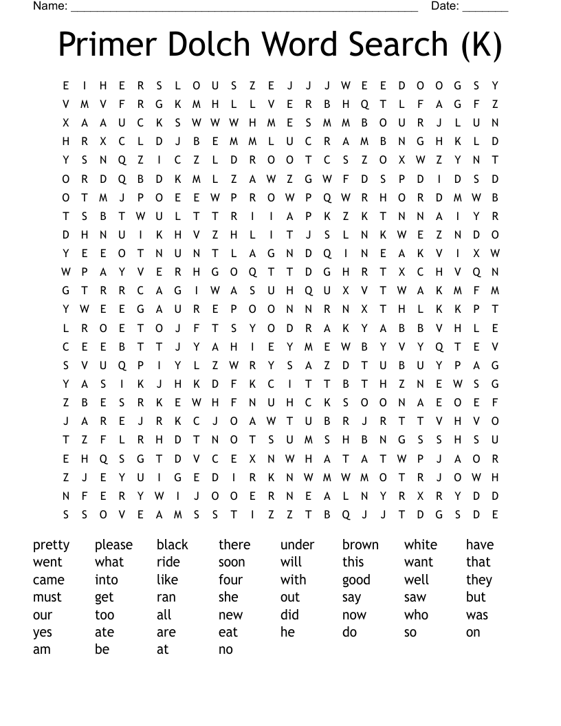 Primer Dolch Word Search (K)