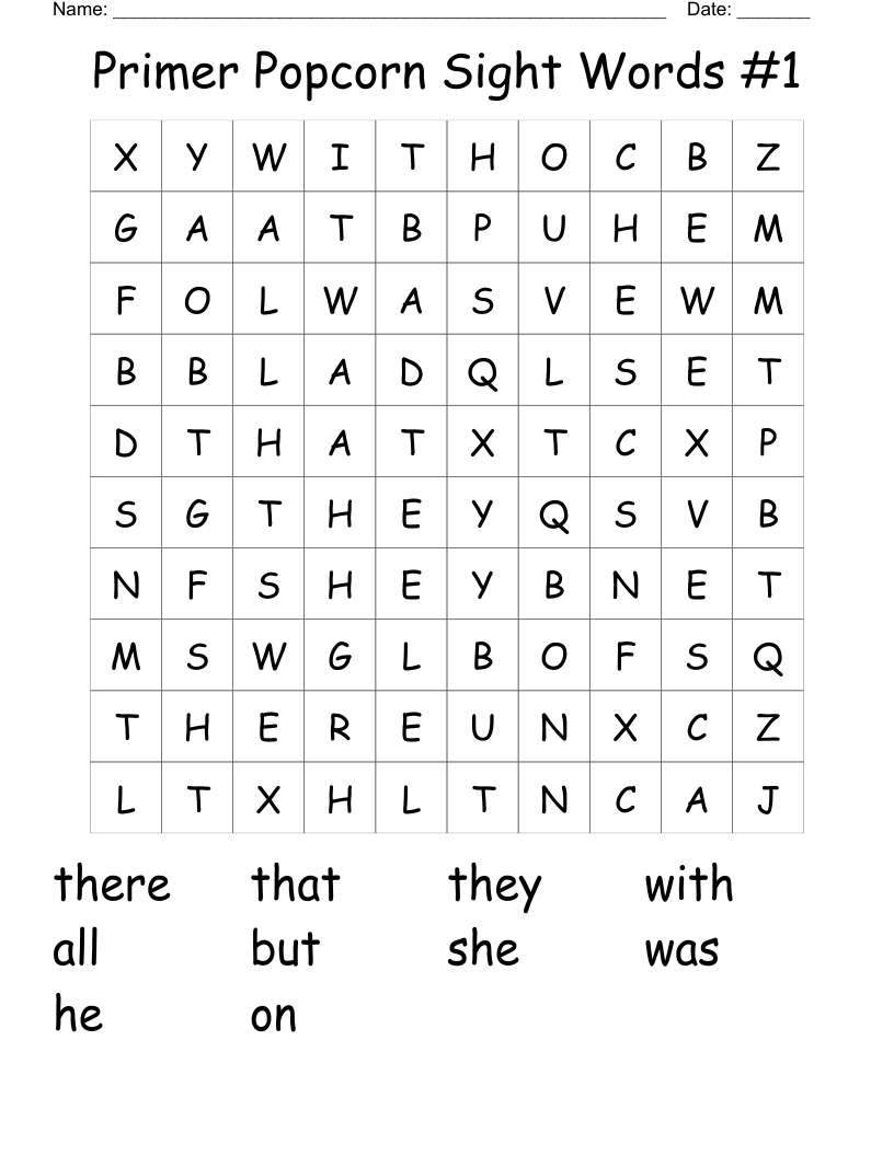 Primer Popcorn Sight Words #1 Word Search