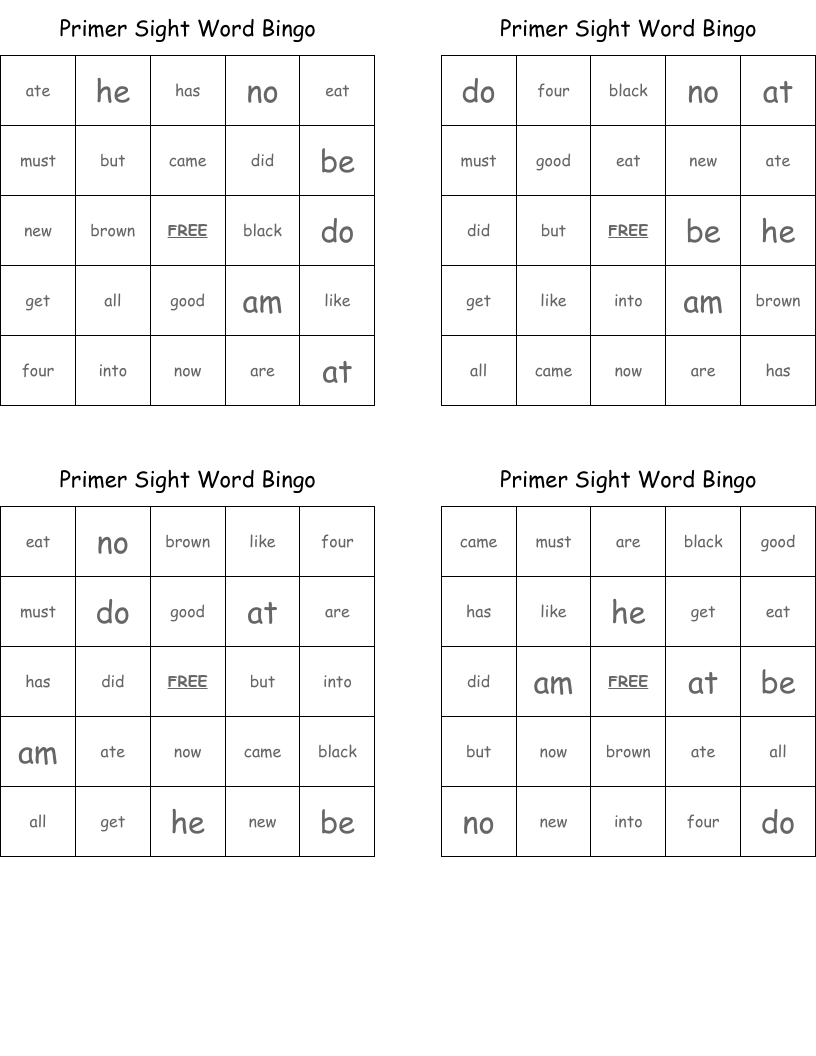 Primer Sight Word Bingo