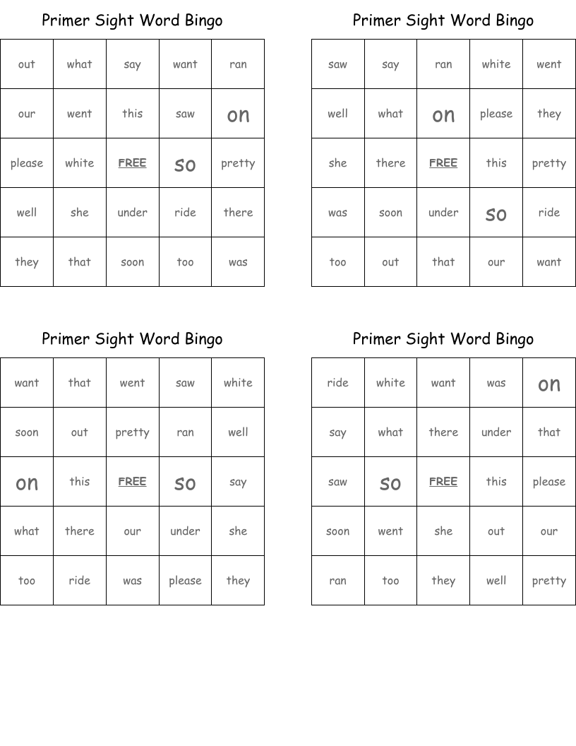 Primer Sight Word Bingo