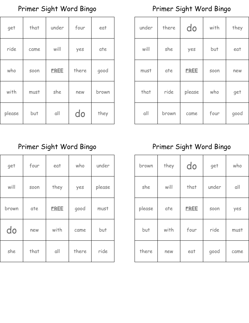 Primer Sight Word Bingo