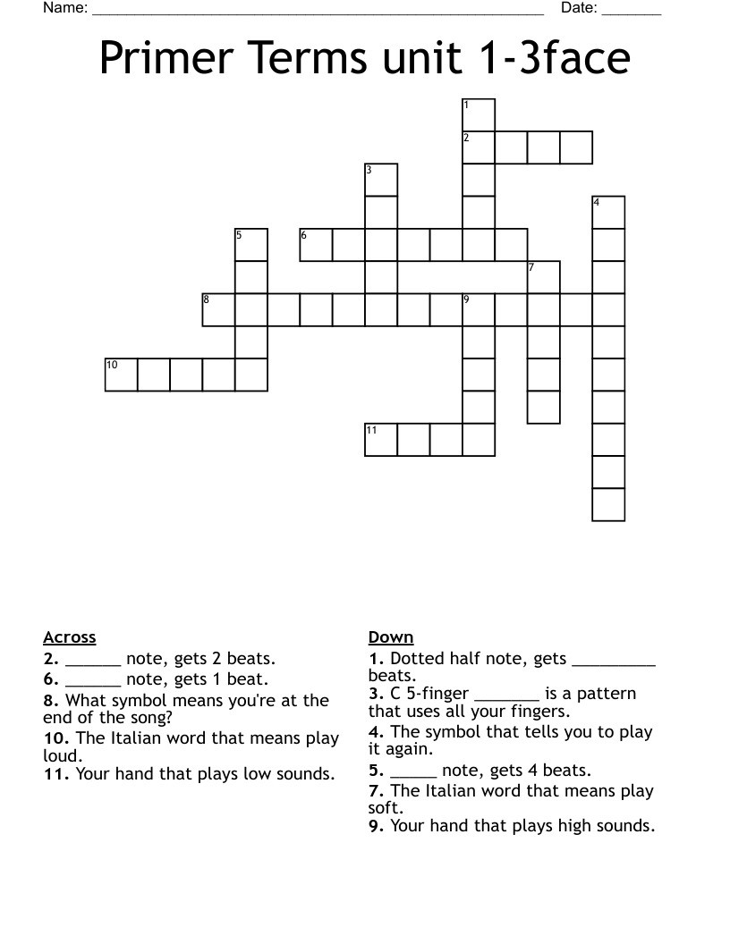 Primer Terms unit 1-3face Crossword