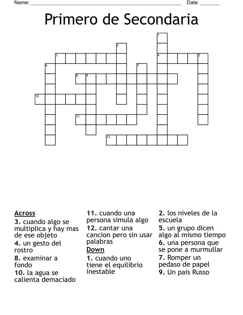 Primero de Secondaria Crossword