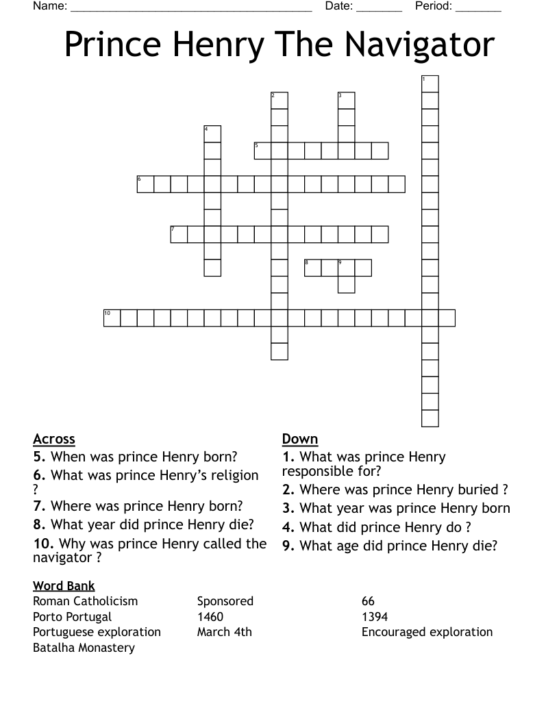 Prince Henry The Navigator Crossword