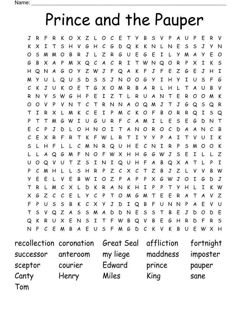 Prince and the Pauper Word Search