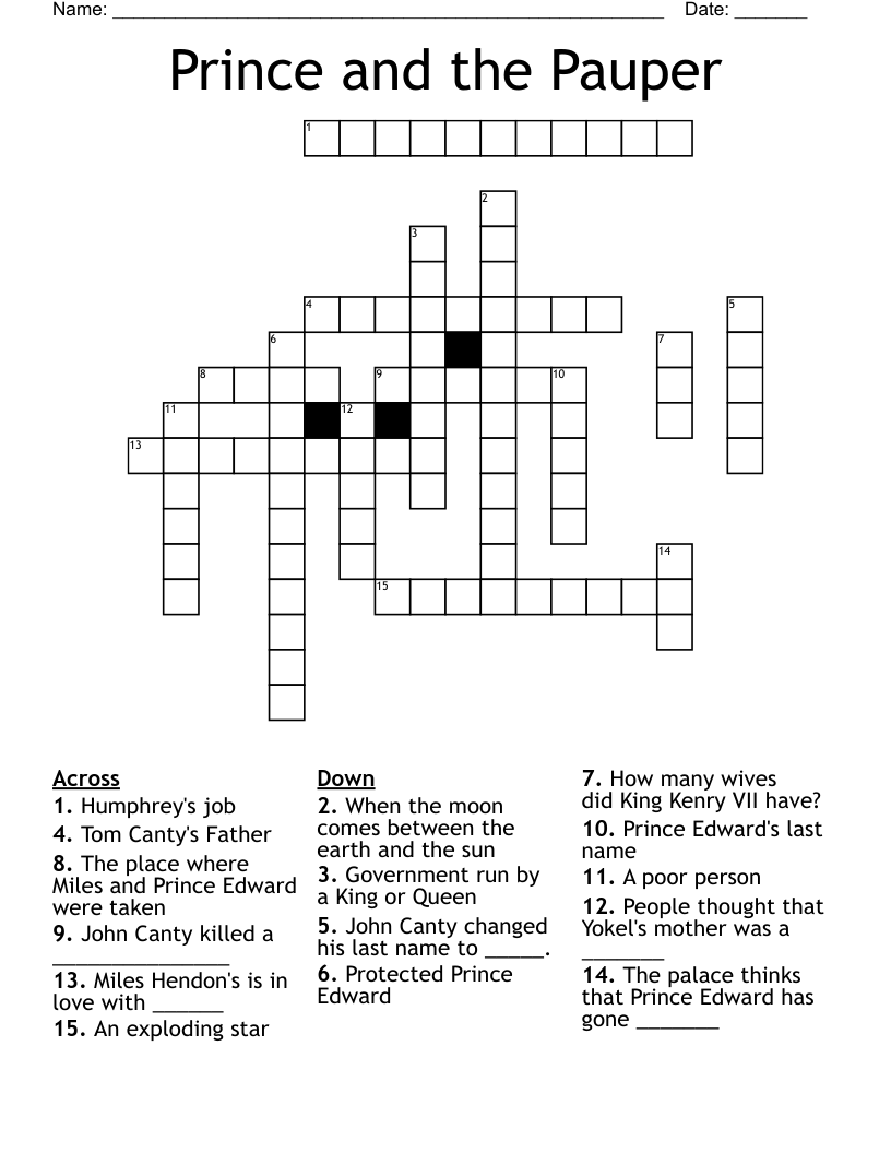 Prince and the Pauper Crossword
