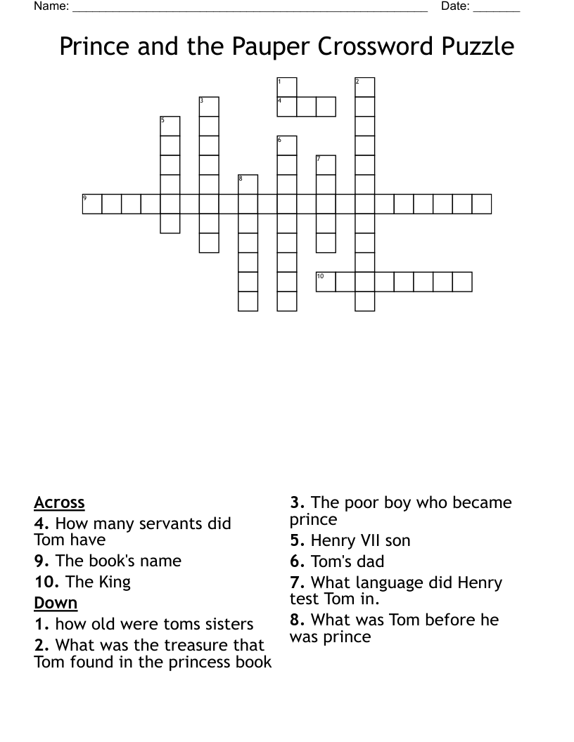 Prince and the Pauper Crossword Puzzle