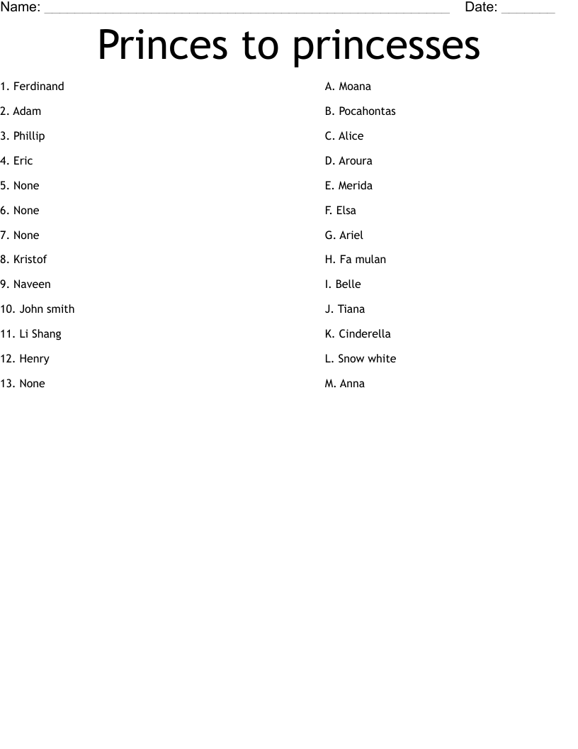 Princes to princesses Worksheet