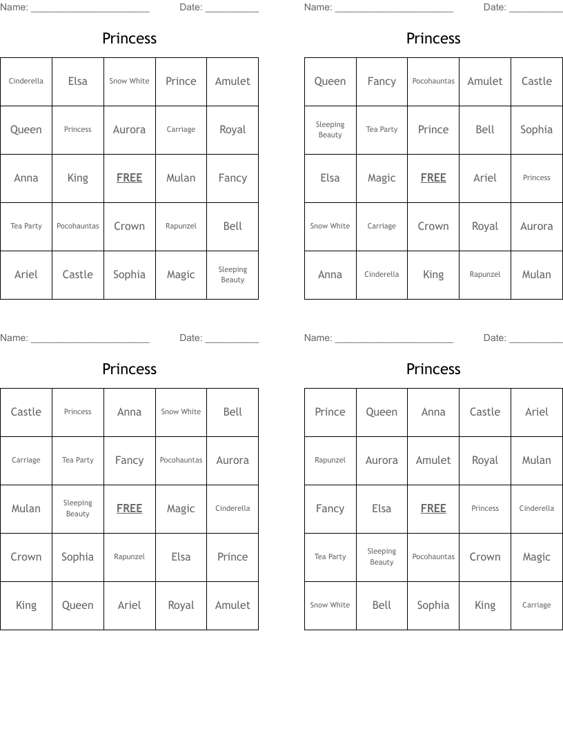 Princess Bingo Cards