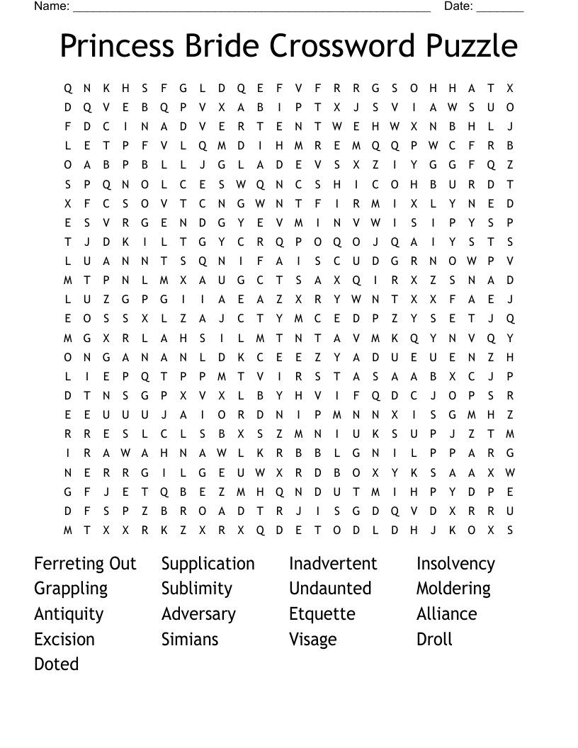 Princess Bride Crossword Puzzle Word Search