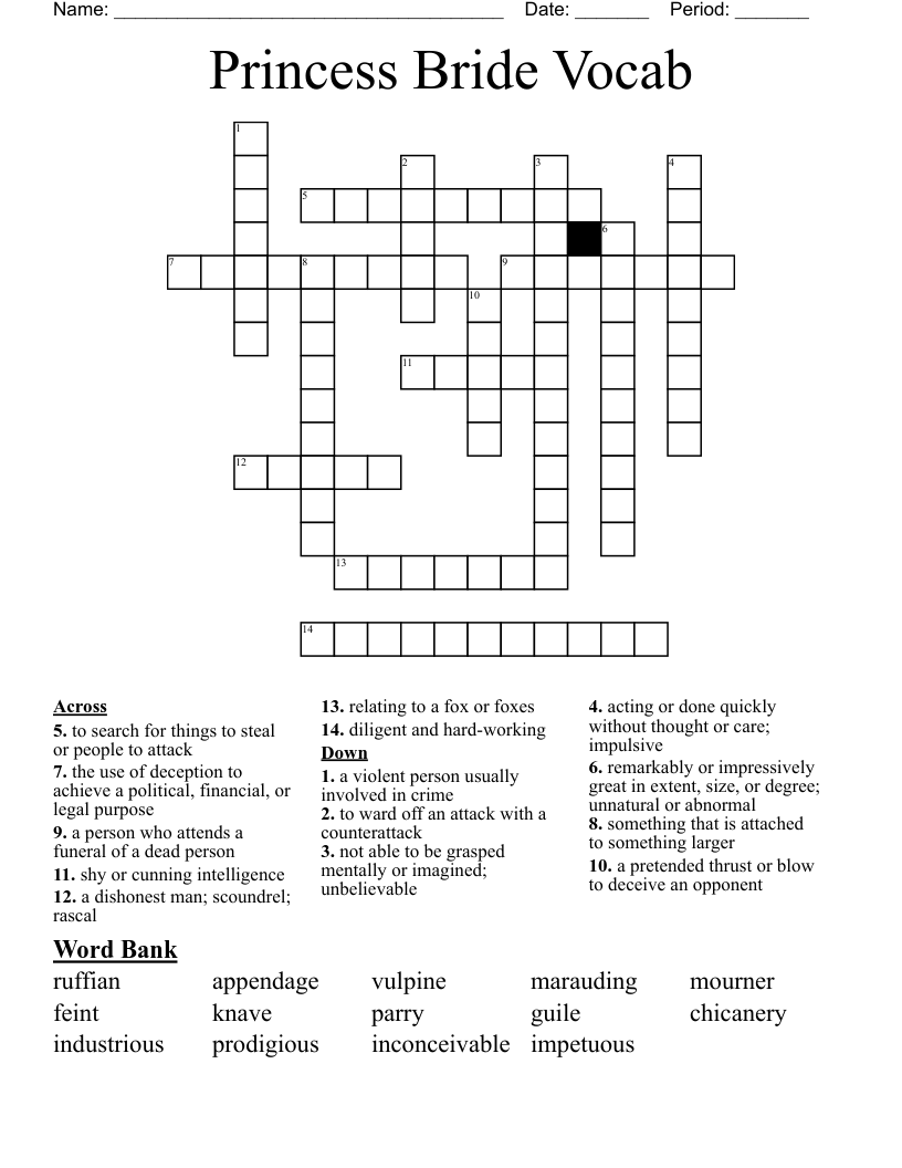 Princess Bride Vocab Crossword
