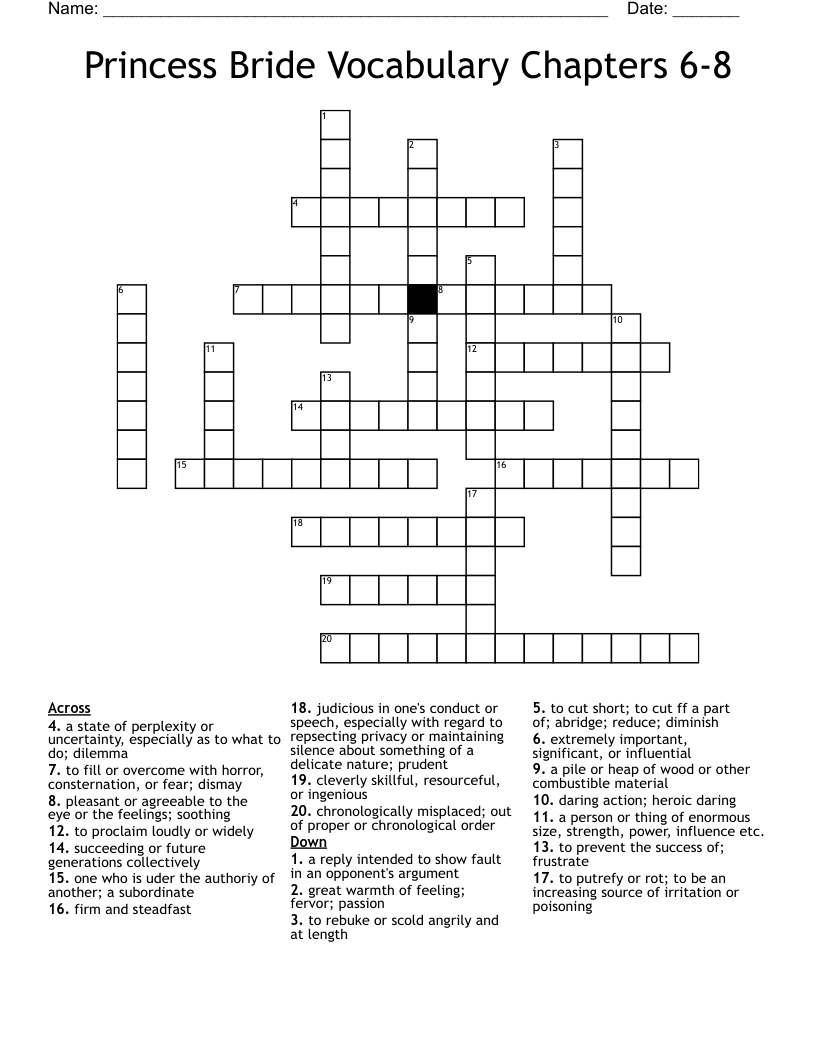 Princess Bride Vocabulary Chapters 6-8 Crossword