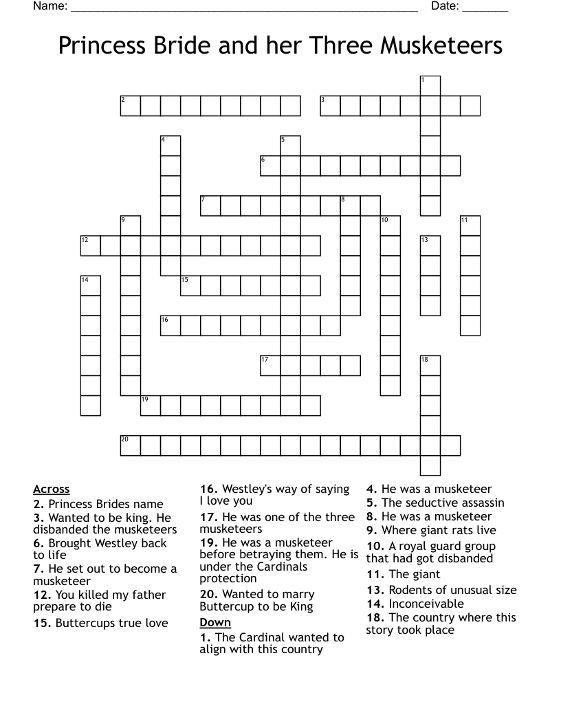 Princess Bride and her Three Musketeers Crossword