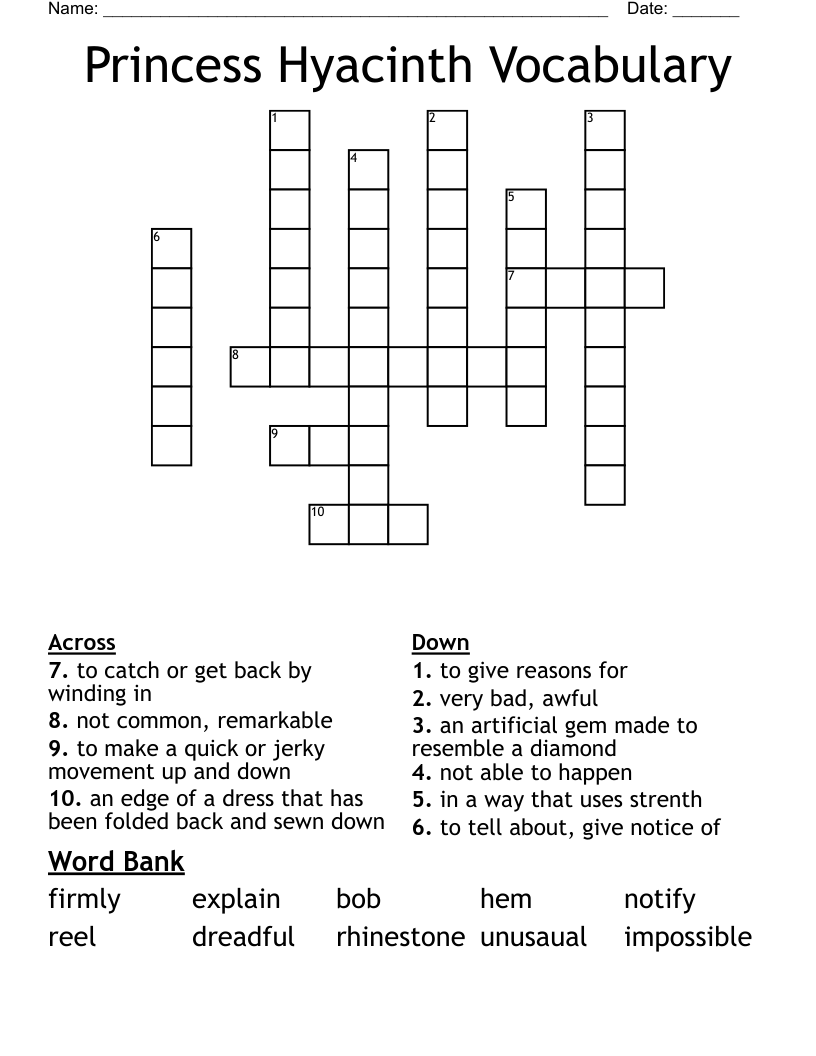 Princess Hyacinth Vocabulary Crossword