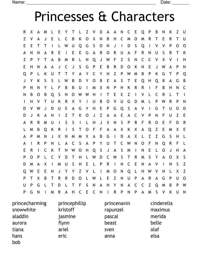 Princesses & Characters Word Search