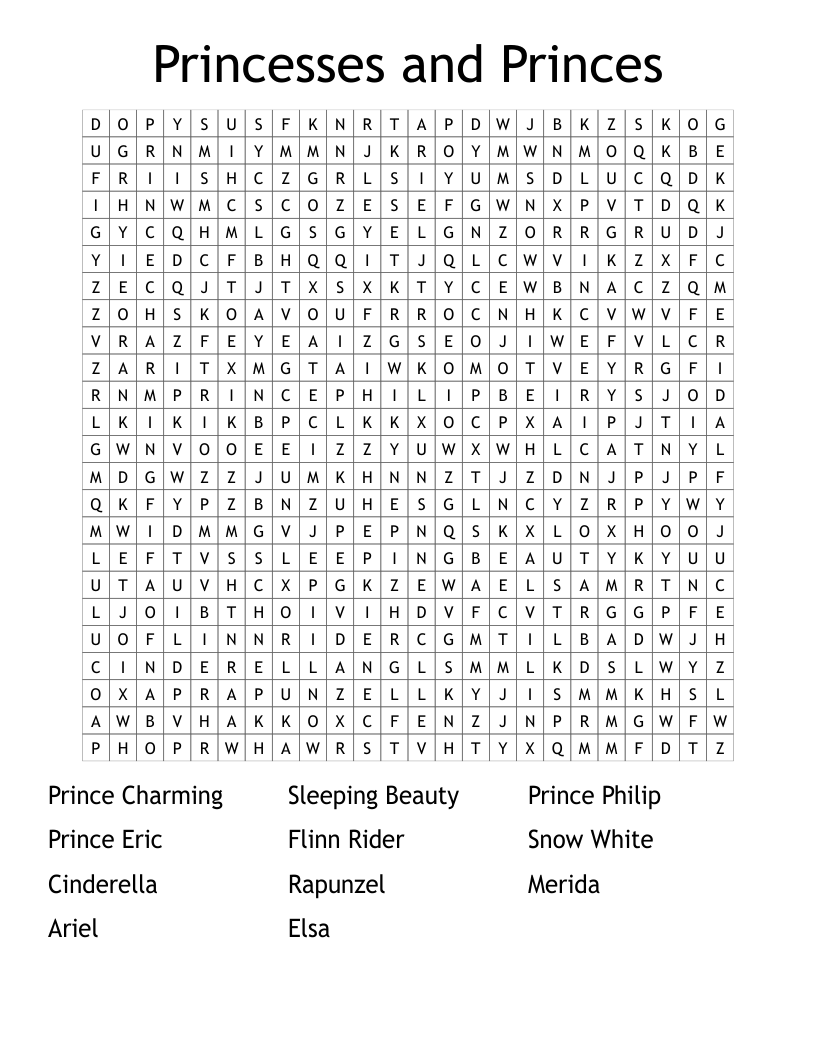 Princesses and Princes  Word Search