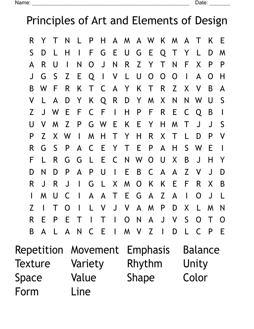 Principles of Art and Elements of Design Word Search
