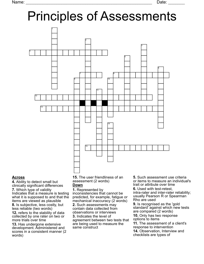 Principles of Assessments  Crossword