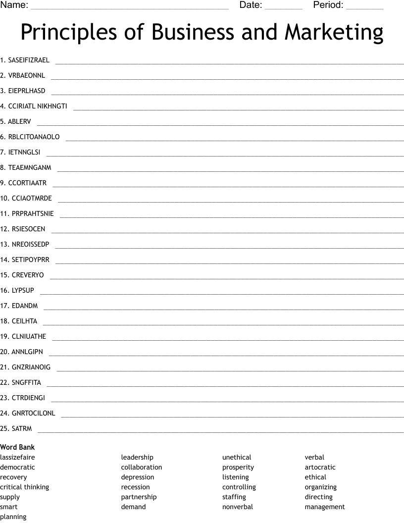 Principles of Business and Marketing Word Scramble