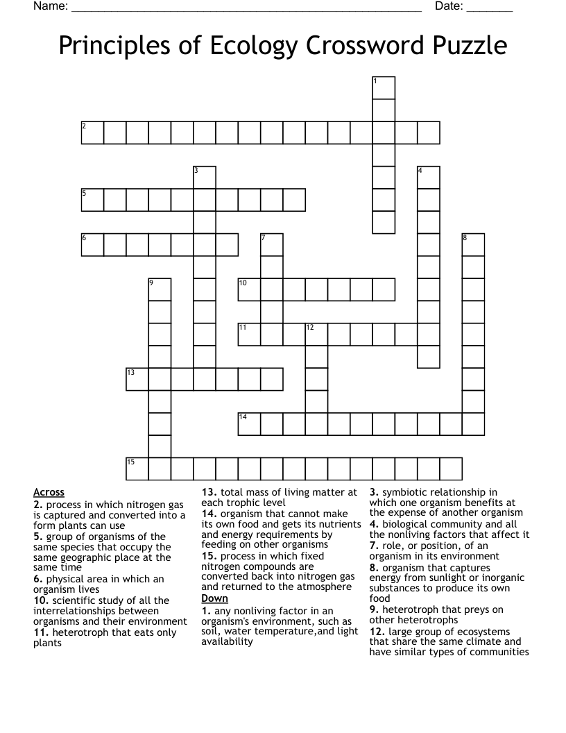 Principles of Ecology Crossword Puzzle