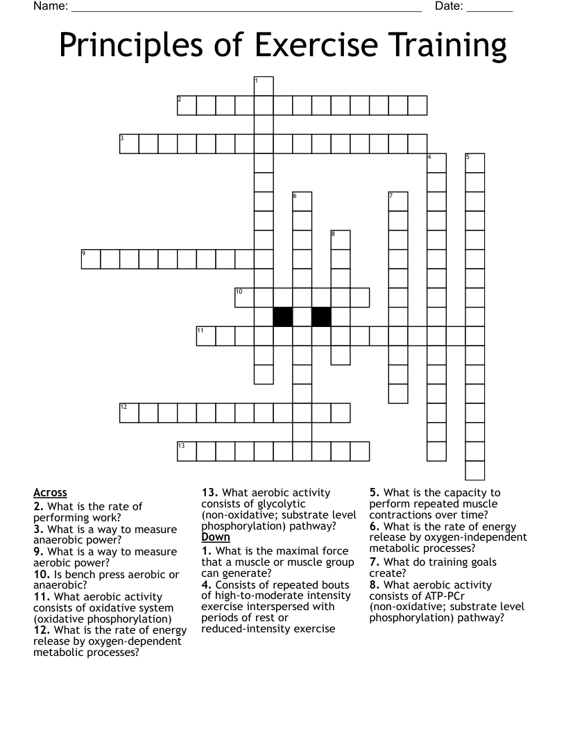 Principles of Exercise Training Crossword