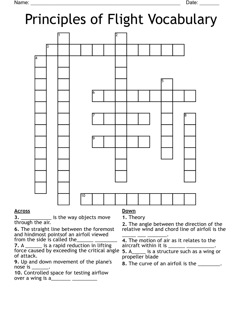 Principles of Flight Vocabulary Crossword