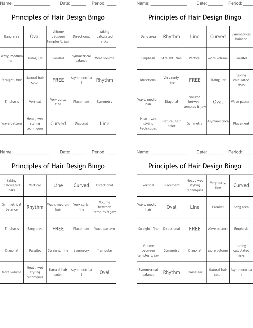 Principles of Hair Design Bingo