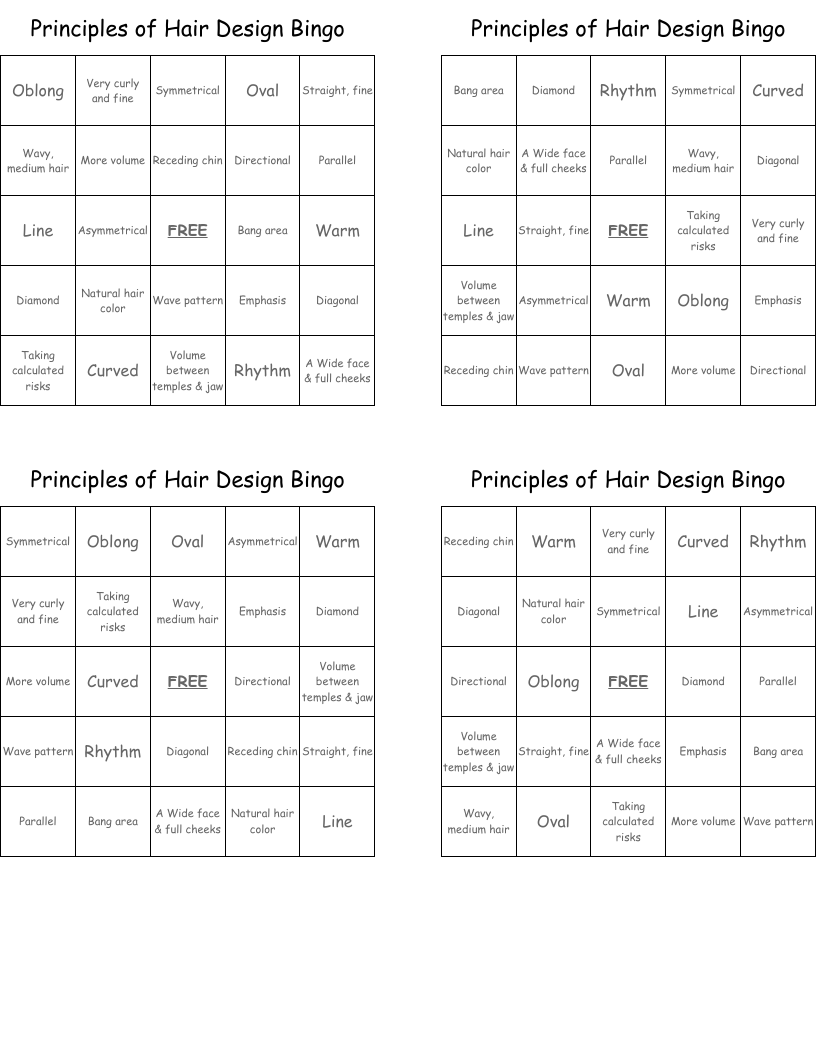 Principles of Hair  Design Bingo