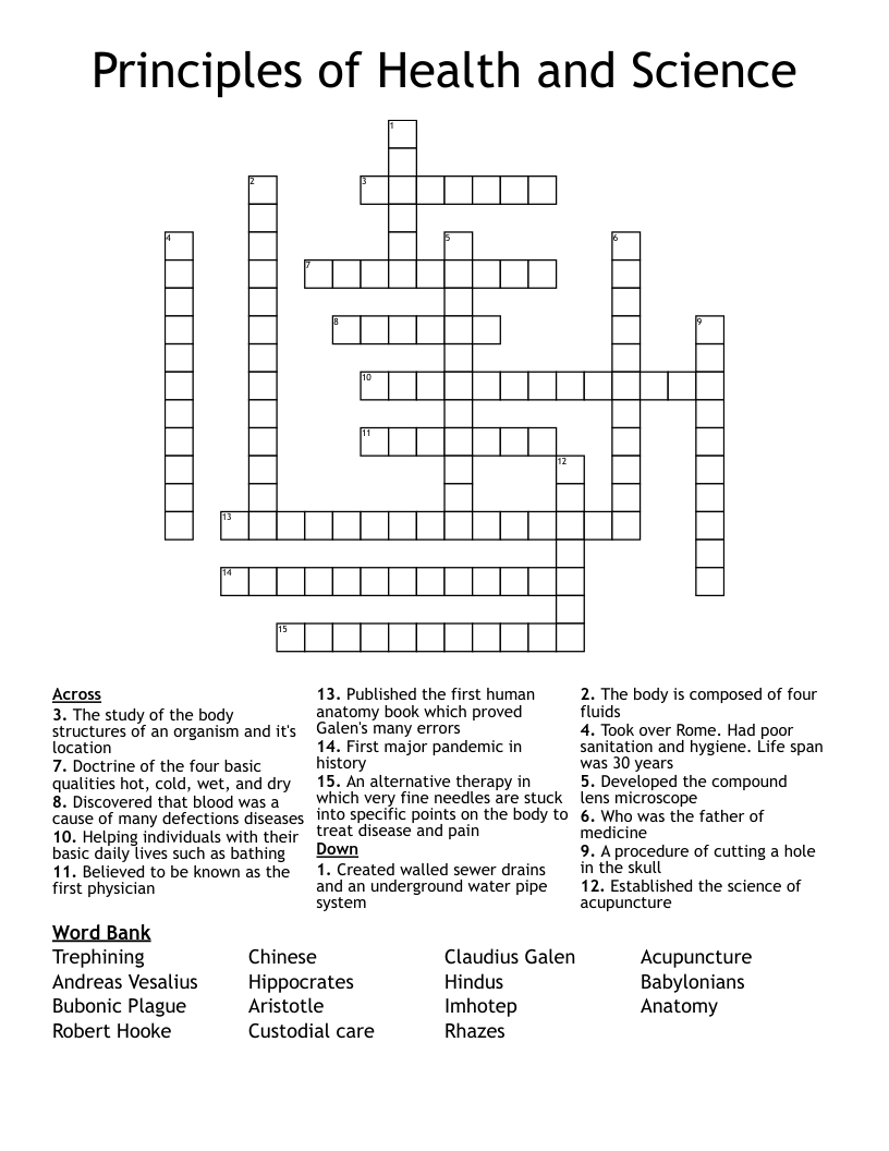 Principles of Health and Science Crossword