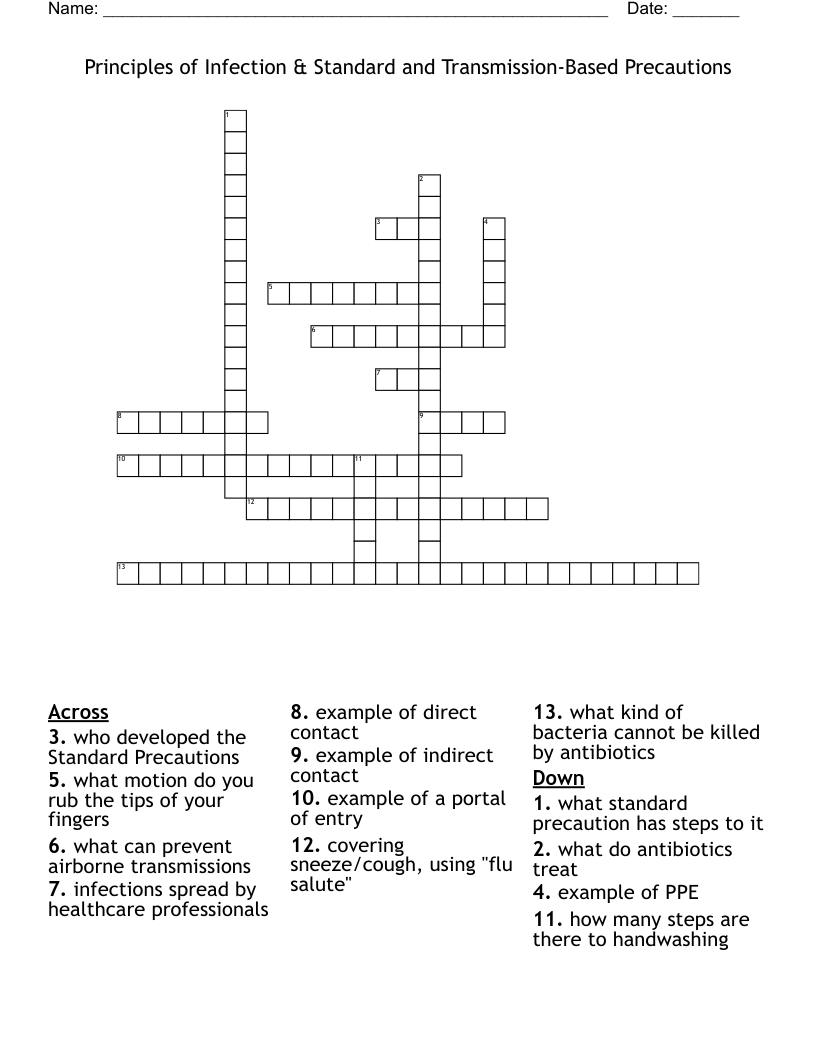 Principles of Infection & Standard and Transmission-Based Precautions Crossword