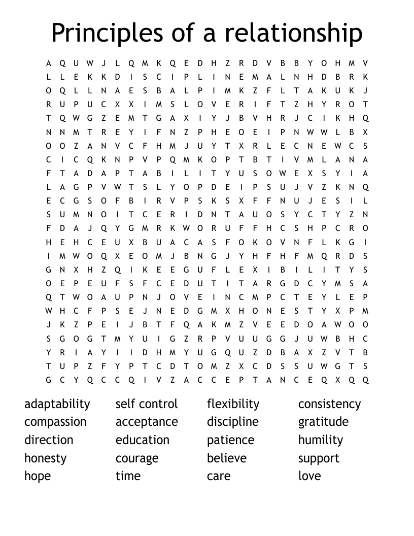Principles of a relationship Word Search