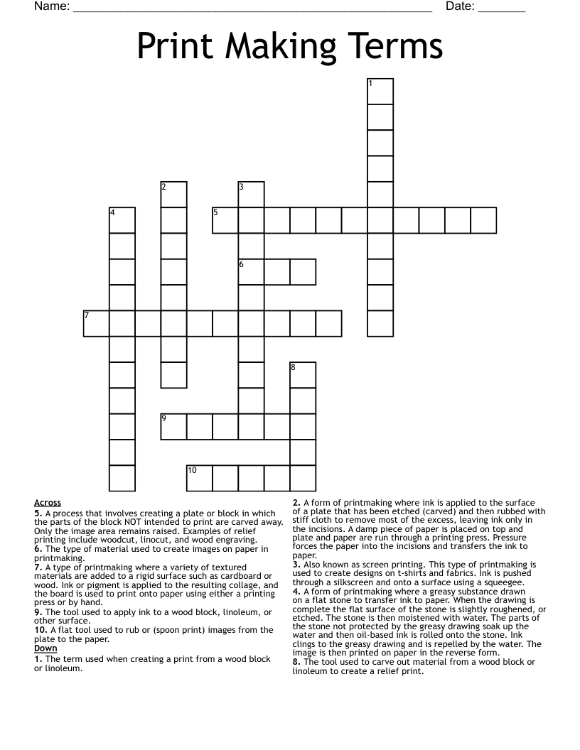 Print Making Terms Crossword
