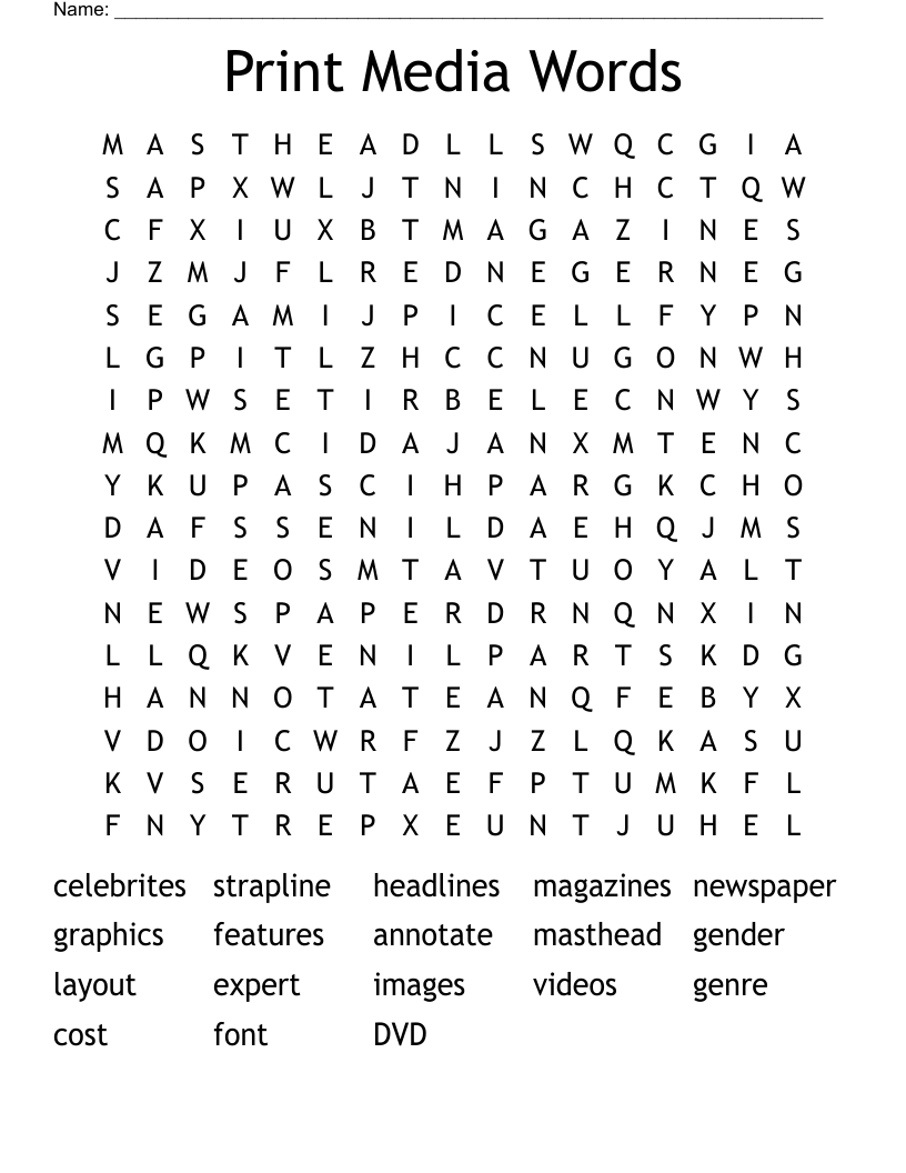 Print Media Words Word Search