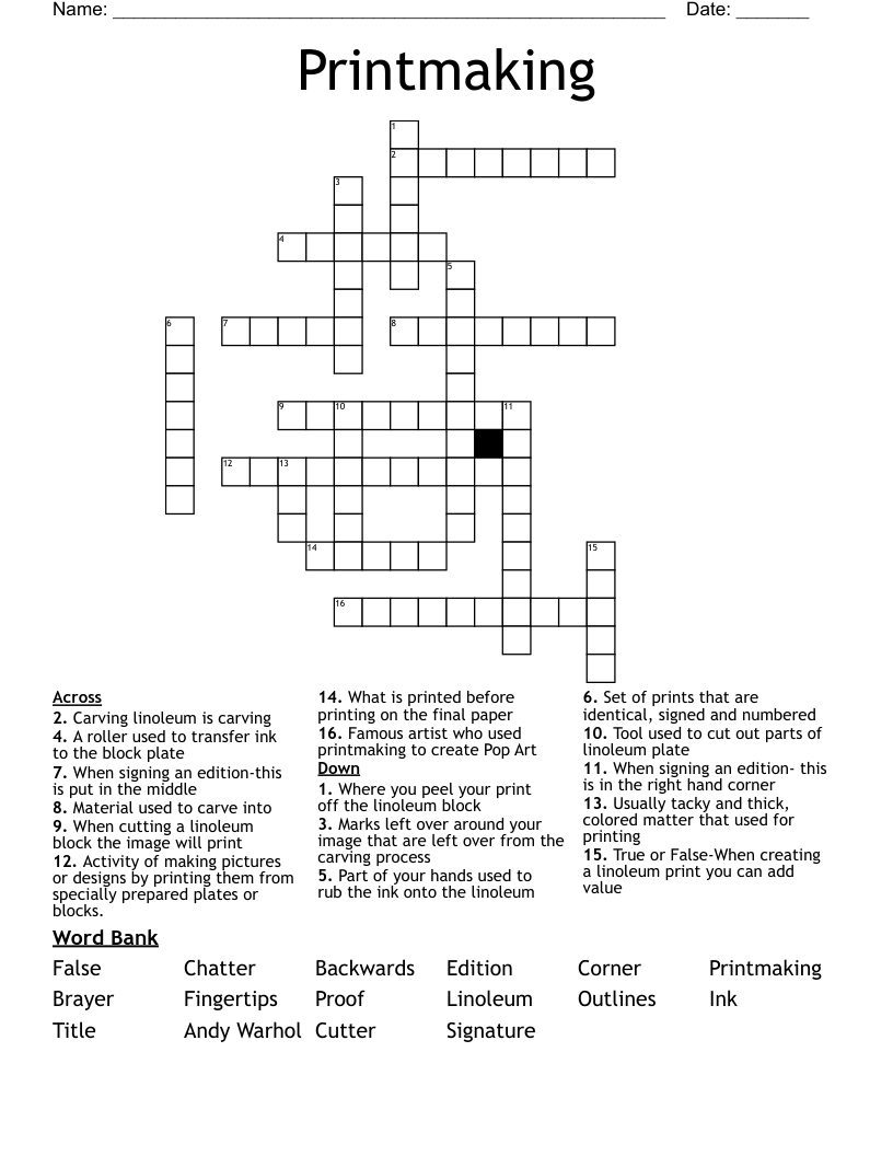 Printmaking Crossword