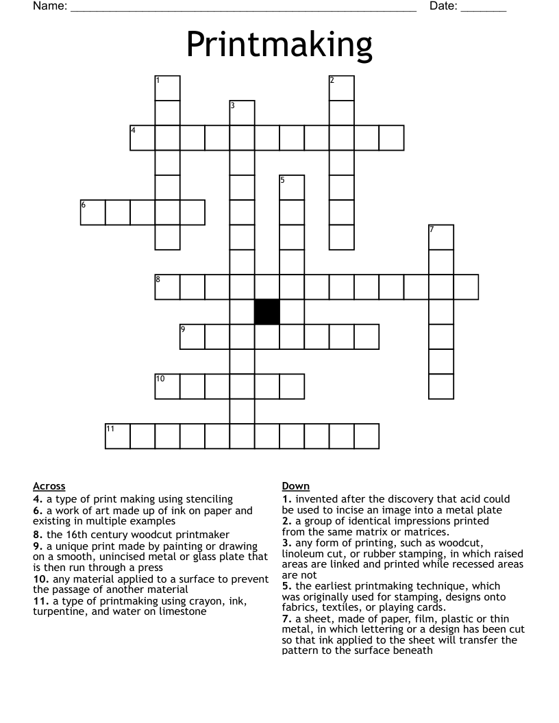 Printmaking Crossword