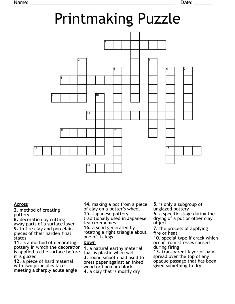 Printmaking Puzzle Crossword