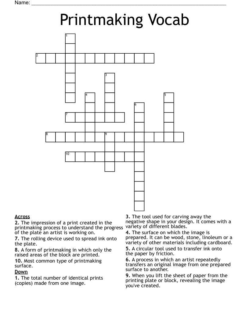 Printmaking Vocab Crossword