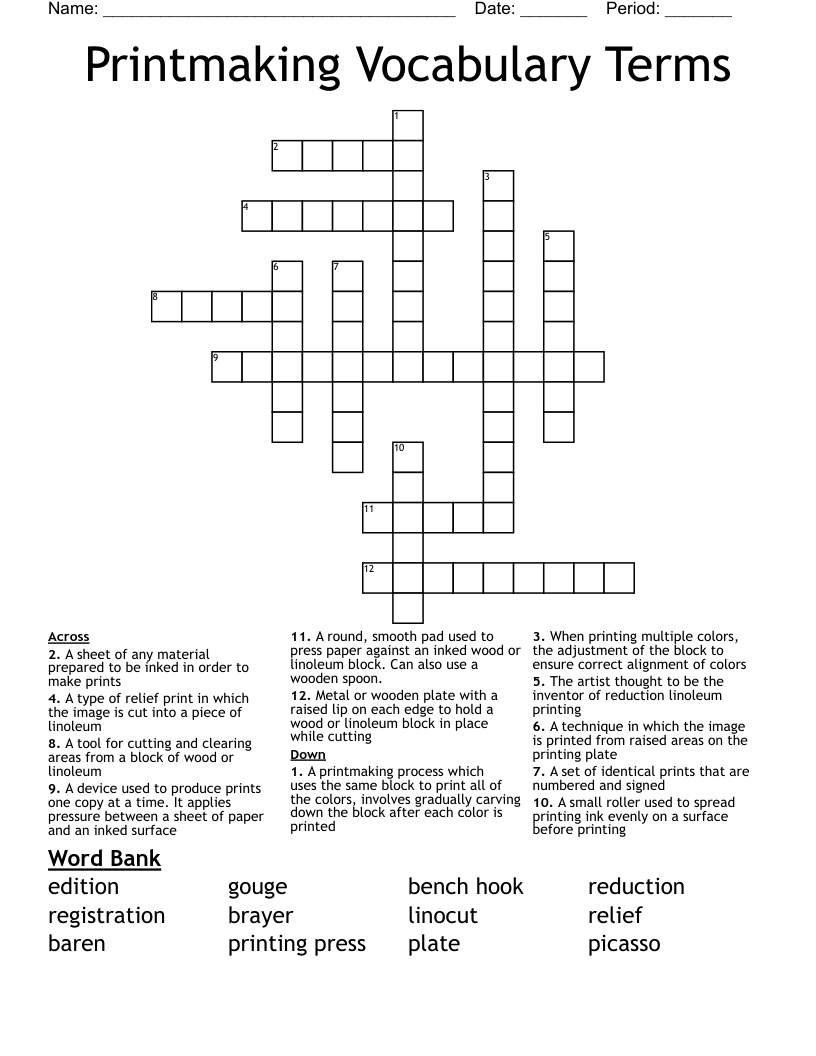 Printmaking Vocabulary Terms Crossword