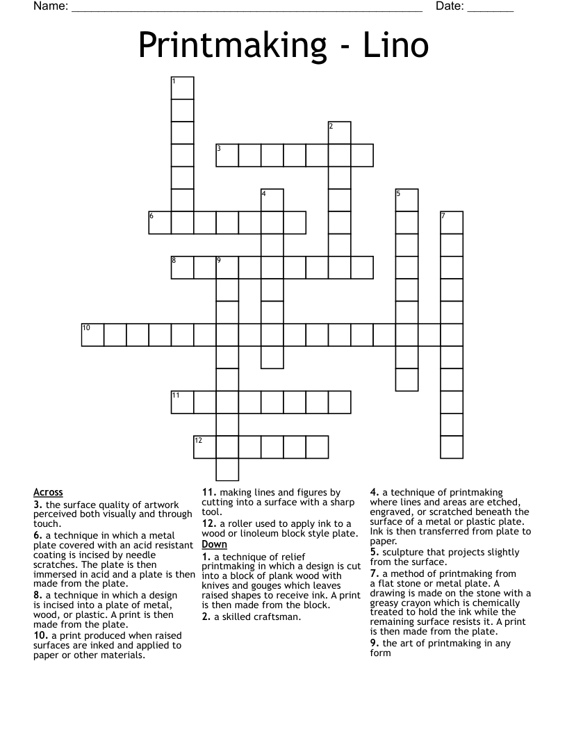 Printmaking - Lino Crossword