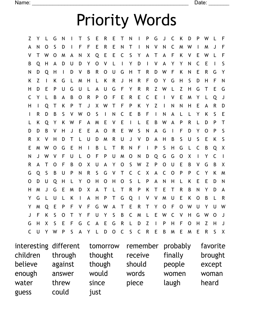 Priority Words Word Search