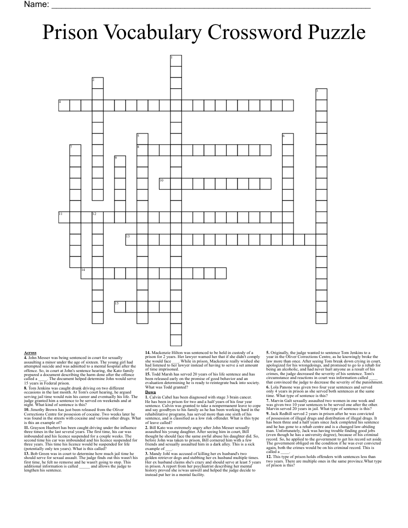 Prison Vocabulary Crossword Puzzle