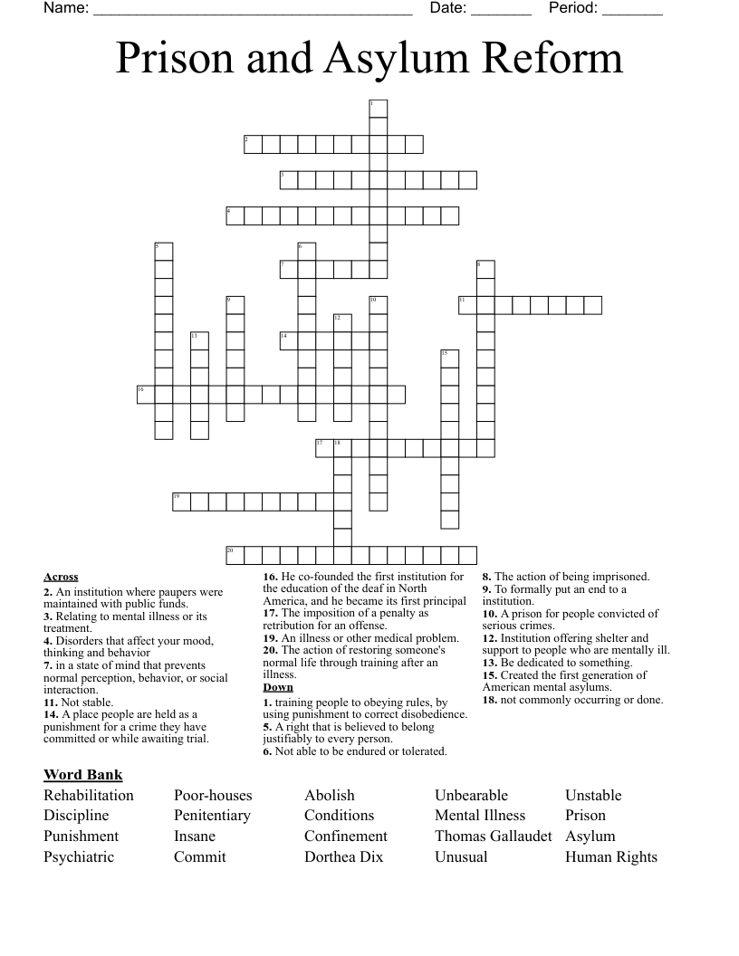 Prison and Asylum Reform Crossword